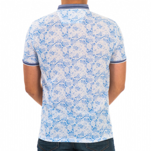 Men's Blue Digital Print Patterned Polo Neck Short Sleeve T-Shirt