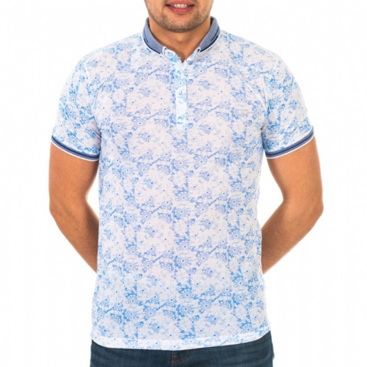 Men's Blue Digital Print Patterned Polo Neck Short Sleeve T-Shirt