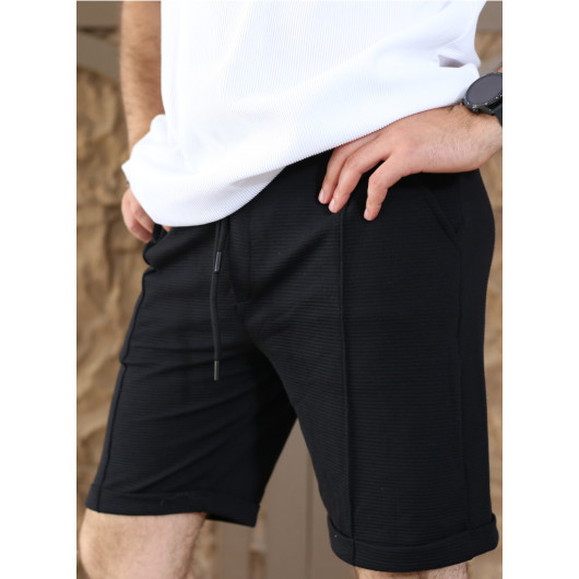 Men's Black Ribbed Flato Shorts With Pocket