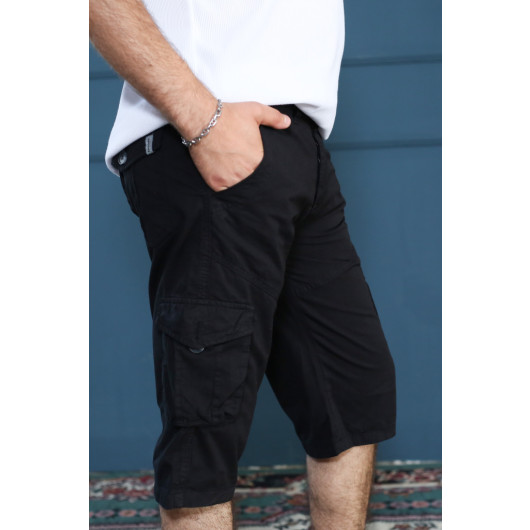 Men's Black Cargo Pocket Casual Linen Shorts