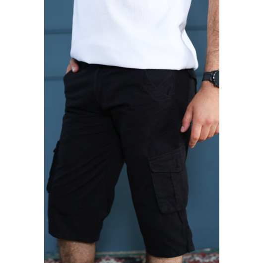 Men's Black Cargo Pocket Casual Linen Shorts