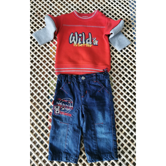 Baby Boy Red Sweatshirt Jeans 2 Piece Set
