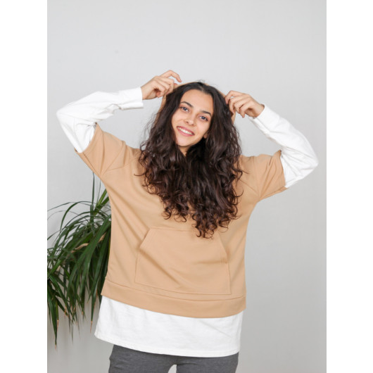 Women's Beige Hooded Kangaroo Pocket Sweatshirt