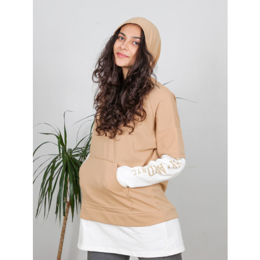 Women's Beige Hooded Kangaroo Pocket Sweatshirt