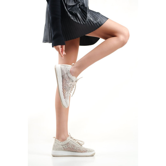 Women's Beige Knit Patterned Sneaker Sneakers