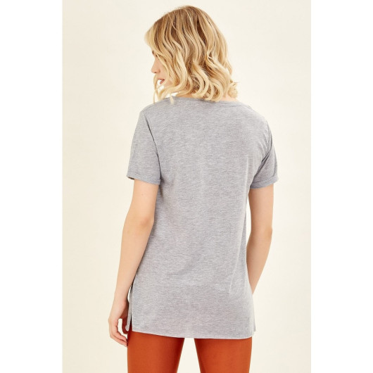 Women's Gray V-Neck Short Sleeve T-Shirt