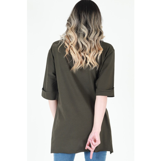 Women's Khaki Printed Double Sleeve Oversize T-Shirt