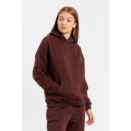 Women's Brown Hooded Kangaroo Pocket Sweatshirt