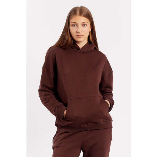 Women's Brown Hooded Kangaroo Pocket Sweatshirt