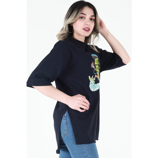 Women's Navy Blue Printed Double Sleeve Oversize T-Shirt