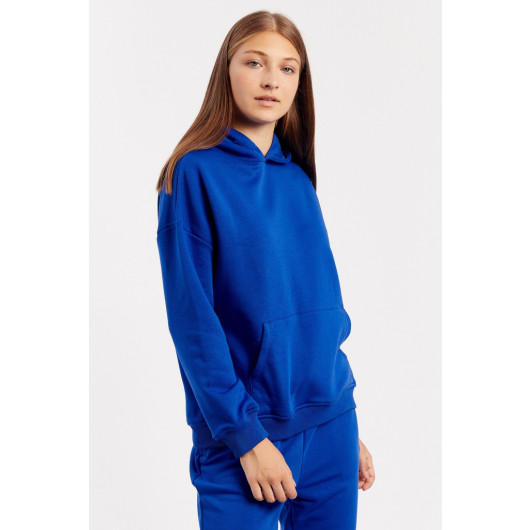 Women's Blue Hooded Kangaroo Pocket Sweatshirt