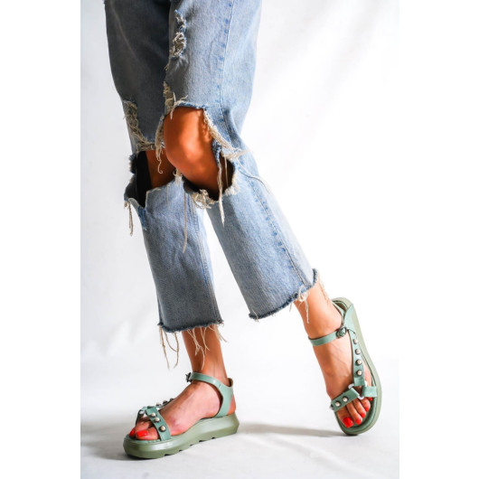 Women's Mint Green Anatomical Sole Buckle Pearl Detailed Sandals