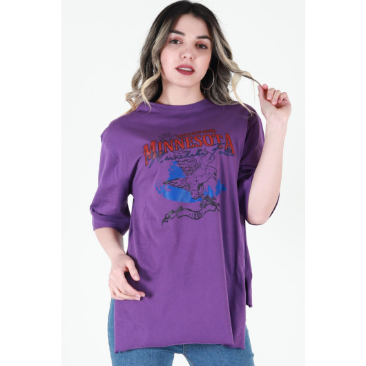 Women's Purple Printed Double Sleeve Oversize T-Shirt