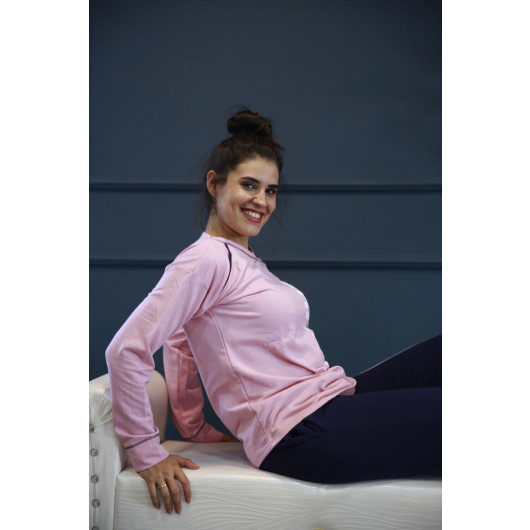 Women's Pink Printed Crew Neck Pajamas Set