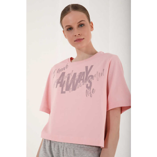 Women's Powder Asymmetrical Text Printed Oversize T-Shirt