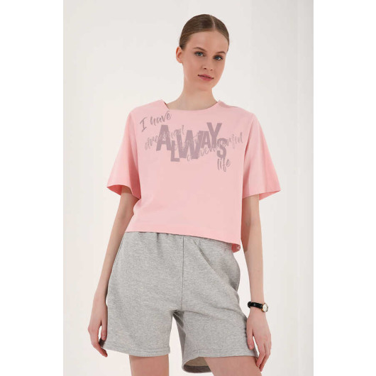 Women's Powder Asymmetrical Text Printed Oversize T-Shirt