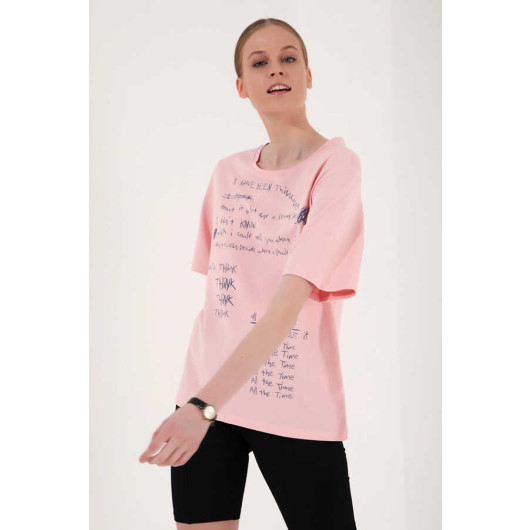 Women's Powder Crew Neck Handwritten Printed Oversize T-Shirt