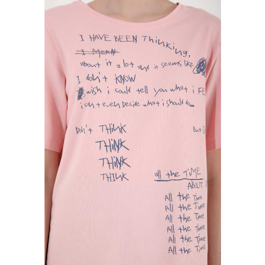 Women's Powder Crew Neck Handwritten Printed Oversize T-Shirt