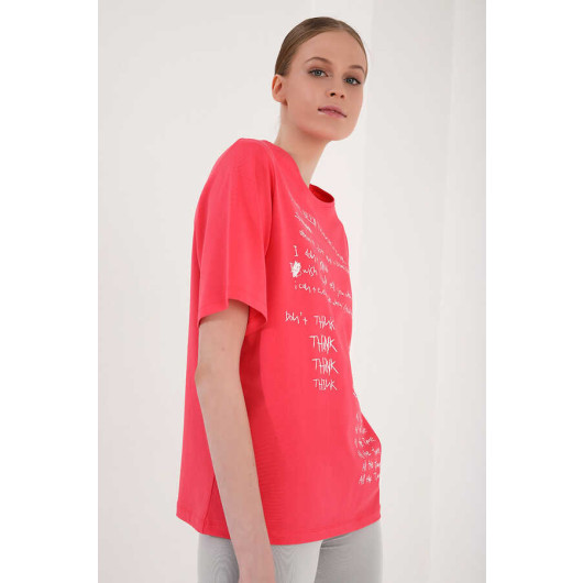 Women's Rose Crew Neck Handwritten Printed Oversize T-Shirt