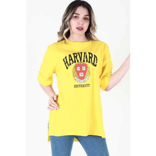 Women's Yellow Printed Double Sleeve Oversize T-Shirt