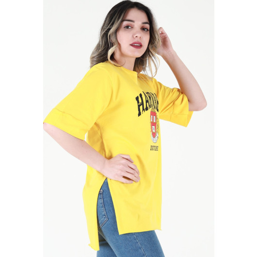 Women's Yellow Printed Double Sleeve Oversize T-Shirt