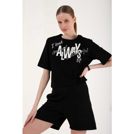 Women's Black Asymmetrical Letter Printed Oversize T-Shirt