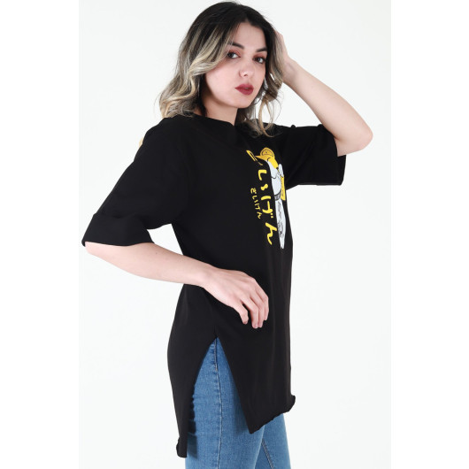 Women's Black Printed Double Sleeve Oversize T-Shirt