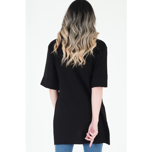 Women's Black Printed Double Sleeve Oversize T-Shirt