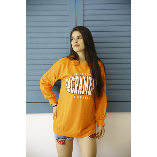 Women's Orange Crew Neck Printed Sweatshirt