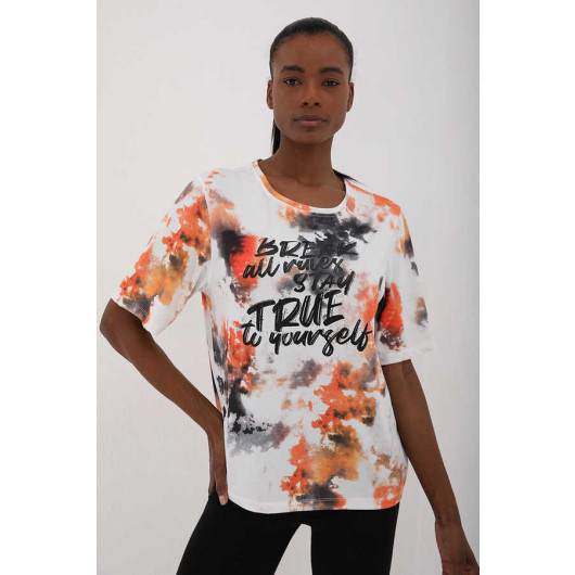 Women's Orange Text Printed Tie Dye Patterned Oversize T-Shirt