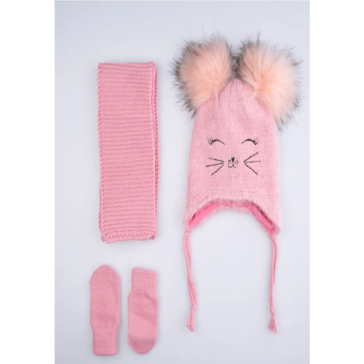 Girl's Rose Pink 3-Piece Scarf Beanie Glove Set