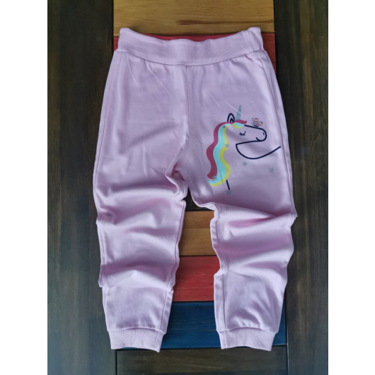 Girls Pink Printed Sweatpants