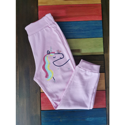 Girls Pink Printed Sweatpants