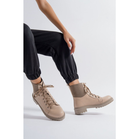 Women's Beige Lace-Up Boots Tr0180B