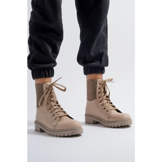 Women's Beige Lace-Up Boots Tr0180B