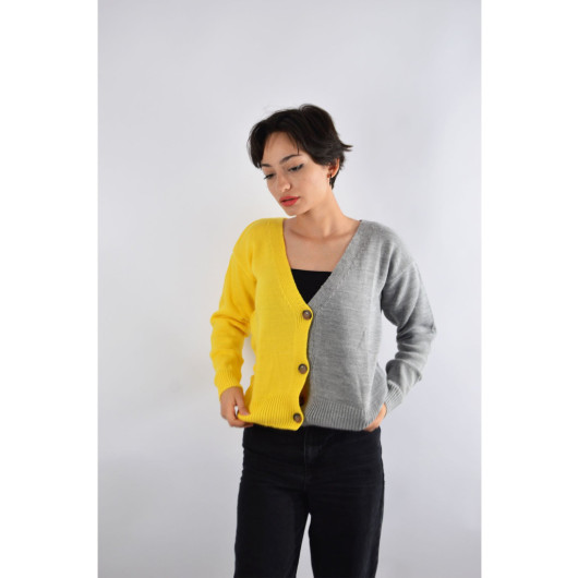 Women's 3 Button Double Color Yellow Gray Woven Cardigan