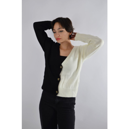 Women's 3-Button Double Color Black And White Woven Cardigan
