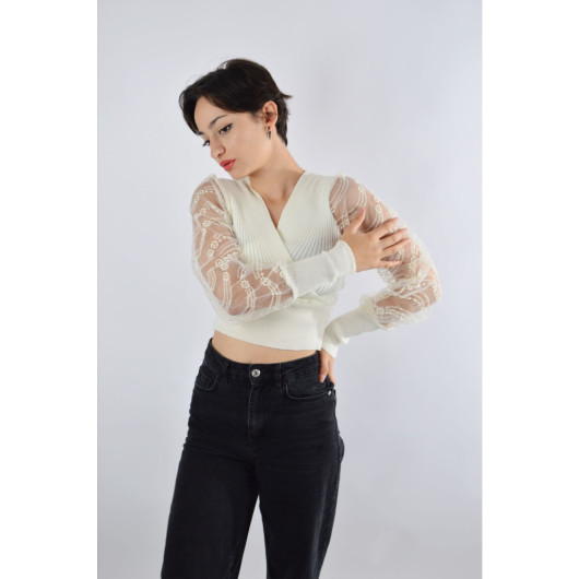 Women's White V-Neck Knitwear Floral Patterned Tulle Sleeve Blouse