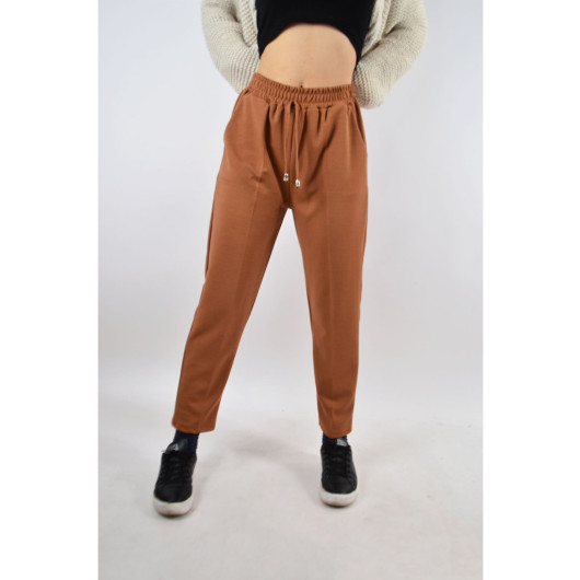 Women's Brown Elastic Waist Pocket Slim Leg Ayrobin Fabric Trousers