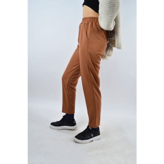 Women's Brown Elastic Waist Pocket Slim Leg Ayrobin Fabric Trousers