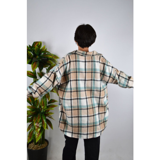 Women's Kangaroo Pocket White Checked Patterned Stamped Cotton Lumberjack Oversize Jacket Shirt