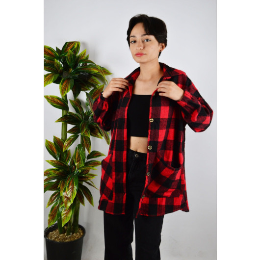 Women's Kangaroo Pocket Red Plaid Patterned Stamp Cotton Lumberjack Oversize Jacket Shirt