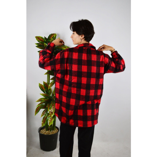Women's Kangaroo Pocket Red Plaid Patterned Stamp Cotton Lumberjack Oversize Jacket Shirt