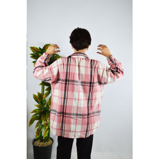 Women's Kangaroo Pocket Pink Checked Patterned Stitching Cotton Lumberjack Oversize Jacket Shirt