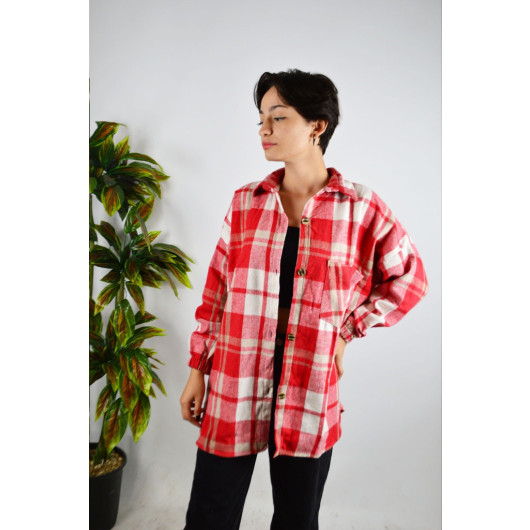 Women's Red Checked Patterned Stitching Cotton Lumberjack Oversize Jacket Shirt