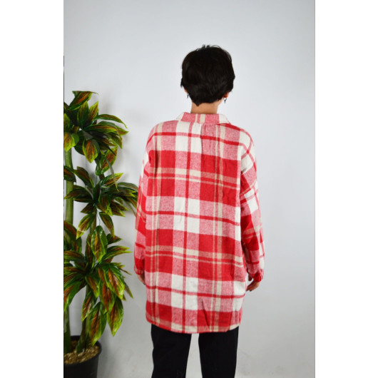Women's Red Checked Patterned Stitching Cotton Lumberjack Oversize Jacket Shirt