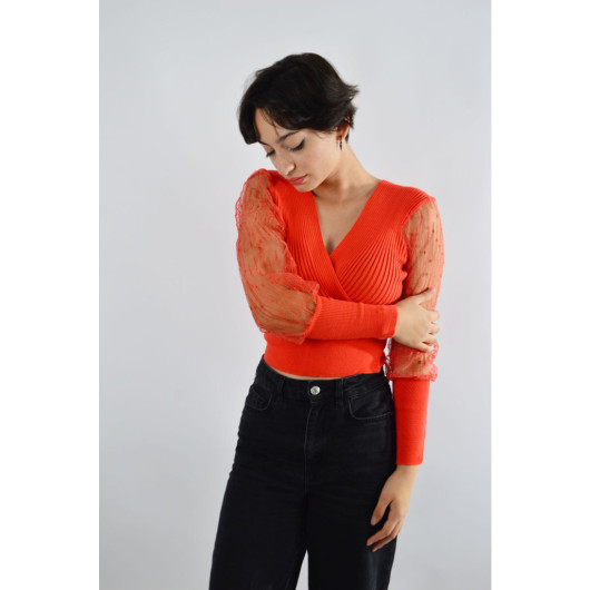 Women's Red V-Neck Knitwear Patterned Tulle Sleeve Blouse