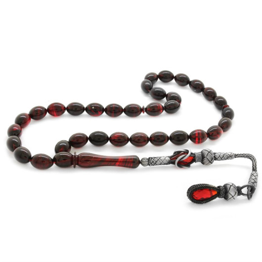 1000 Sterling Silver Kazaz Tasseled Barley Cut Red-Black Fire Amber Rosary