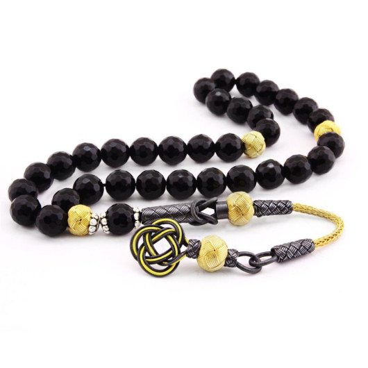 1000 Sterling Silver Kazaz Tasseled Facet Sphere Cut Yellow-Black Onyx Natural Stone Rosary