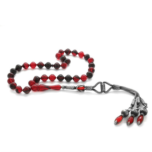 1000 Sterling Silver Kazaz Tassel İstanbul Cut Red-Black Fire Amber Rosary